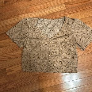 Brown button up v-neck crop top with black dots size small